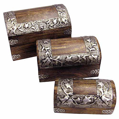 Mango Wood Metal Flower Design Set of 3 Dome Boxes - Click Image to Close